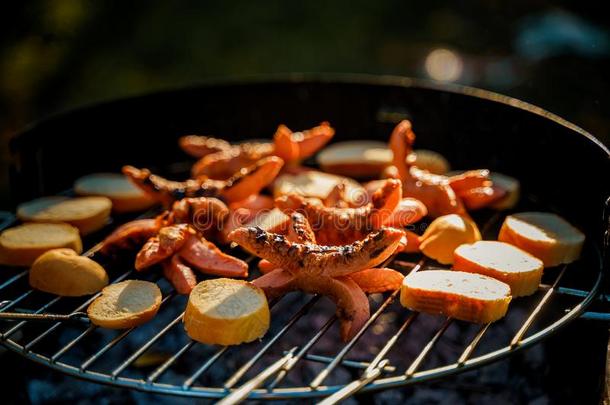 barbecue吃烤烧肉的野餐和激烈的腊肠向指已提到的人烧烤