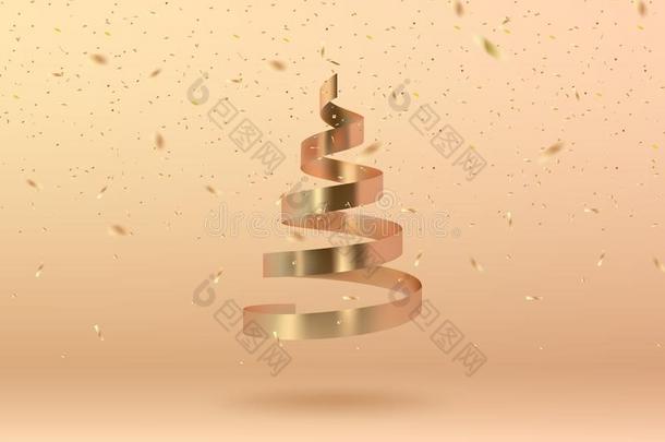抽象的有光泽的螺旋圣诞节树和五彩纸屑.金色的卷