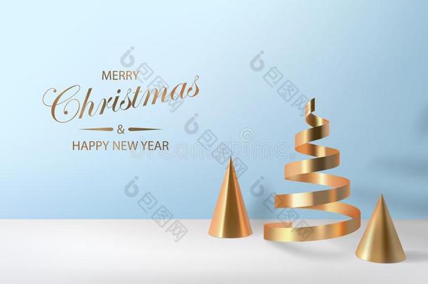 抽象的有光泽的圣诞节树.金色的卷金属的圆锥体,螺旋体属
