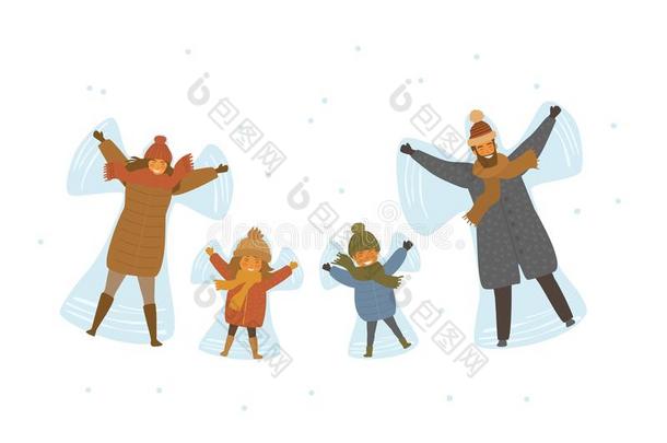 漫画家庭,双亲和孩子们制造雪天使采用雪我