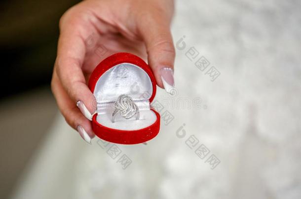 关在上面新娘保存美丽的婚礼或<strong>订婚戒指</strong>向hand手