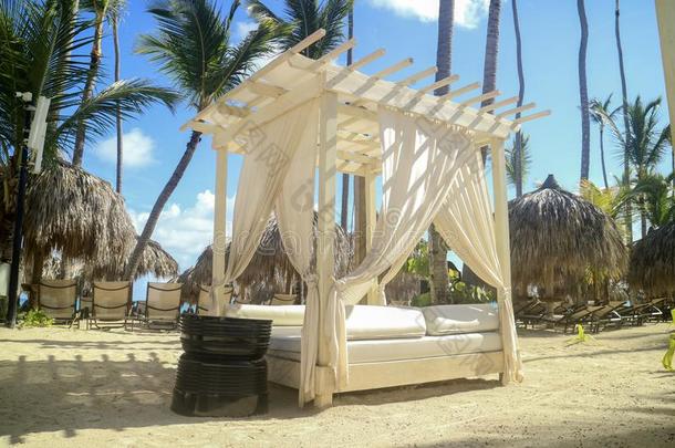 和平的位和手掌树和白色的海滩小屋在一雷索