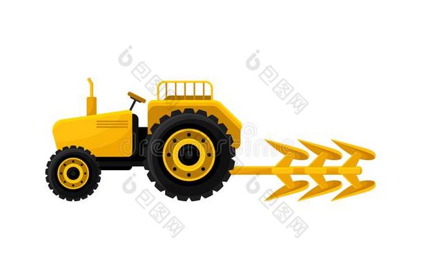 敞开的黄色的拖拉机和犁.工业的农场设备.教授们