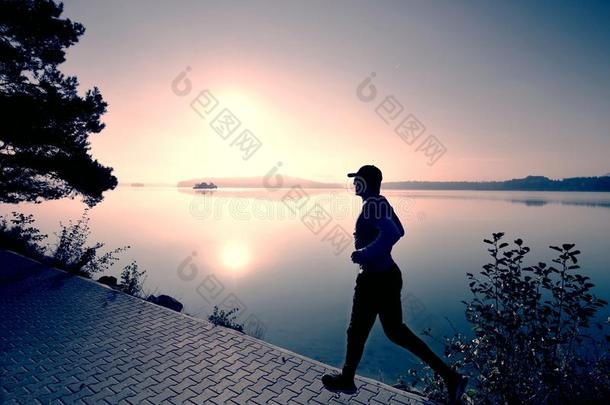 身材高的苗条的男人是（be的三单形式跑步一起湖采用公园采用和煦的：照到阳光的拂晓.