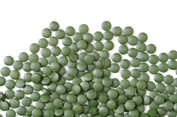 绿色的绿藻的一种和螺旋藻药丸.营养的<strong>增补</strong>,异己酮中提取的丙酮