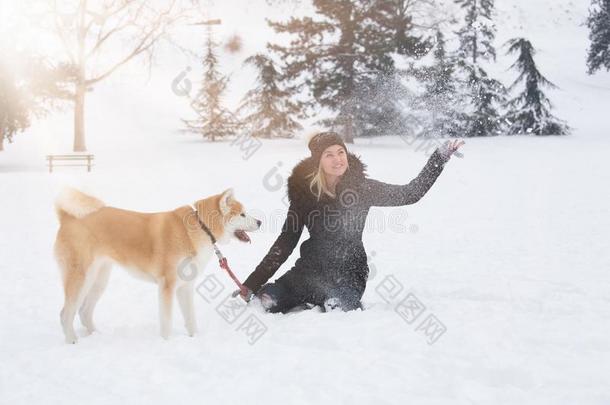 年幼的女人和秋田狗宠物采用公园向下雪的一天.W采用ter和