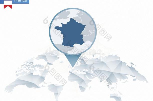 抽象的圆形的世界地图和用针别住详细的法国地图.
