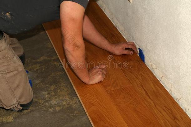 工人产卵数镶木地板铺地板.工人安装木制的拉明