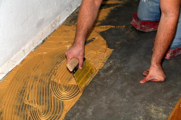 工人产卵数镶木地板铺地板.工人安装木制的拉明
