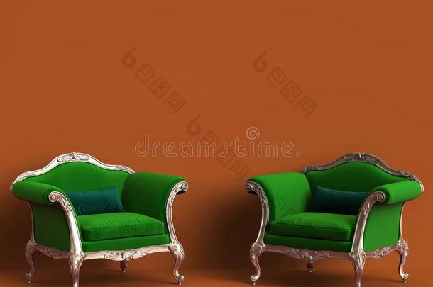 典型的椅子采用绿色的和金向桔子背景和复制品