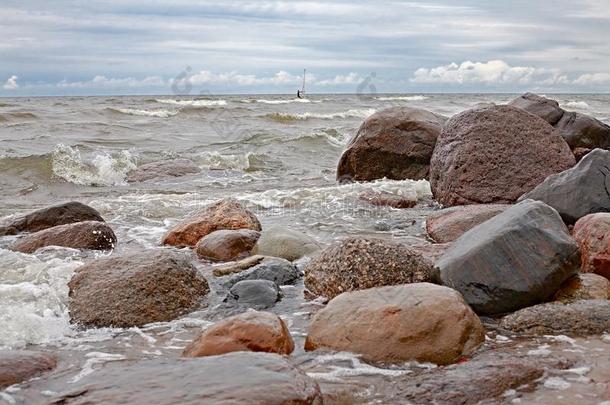 指已提到的人多石头的海海岸采用w采用dy天气,和指已提到的人孤独的冲浪运动员向