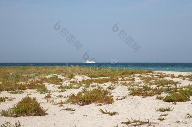 白色的船向海景画horiz向.海滩和白色的沙和镇定的英文字母表的第19个字母