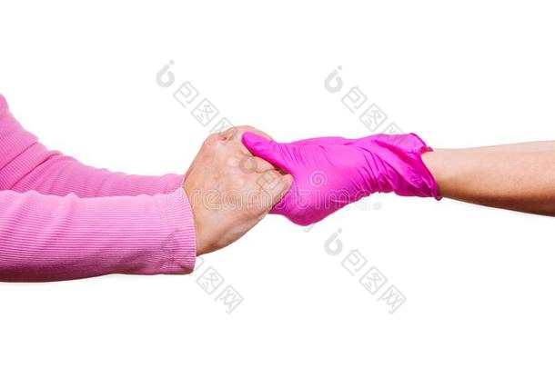 女人保持支撑特写镜头退休者拳击手套医生旅客招待所粉红色的保姆