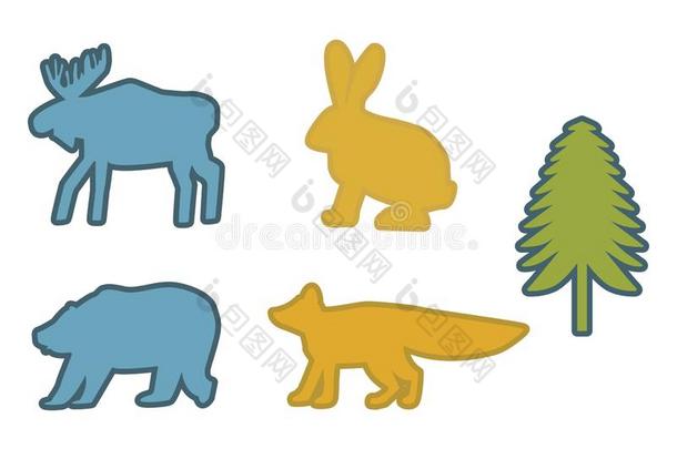 放置关于蓝色大角麋,蓝色熊,黄色的兔子,黄色的狐,绿色的英语字母表的第6个字母