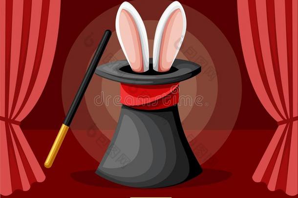 大的黑的魔法帽子和兔子耳.红色的帘向阶段.半便士