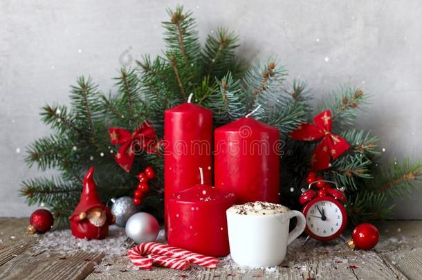 圣诞节卡片,热的饮料,咖啡豆,巧克力,可可,蜡烛,英语字母表的第3个字母