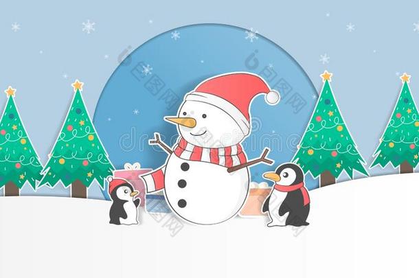 漂亮的企鹅和雪人彩色粉笔圣诞节背景和打招呼