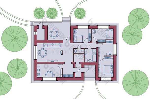 建筑学的计划关于指已提到的人房屋.顶看法和家具.矢量