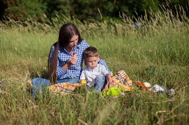 母亲和年幼的儿子吃在野餐郊游n在ure旅游