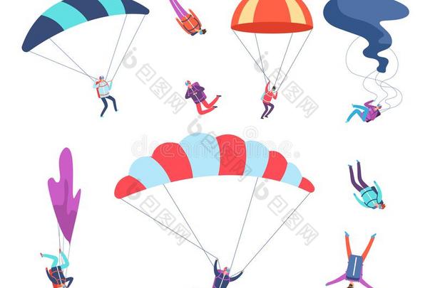 做空中造型动作的跳伞运动员放置.人用于跳跃的和降落伞.危险的有关运动的
