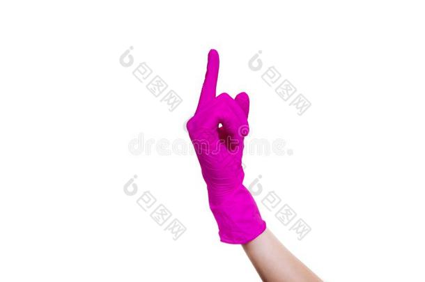 手粉红色的医学的手套隔离的白色的背景符号手势英文字母表的第19个字母