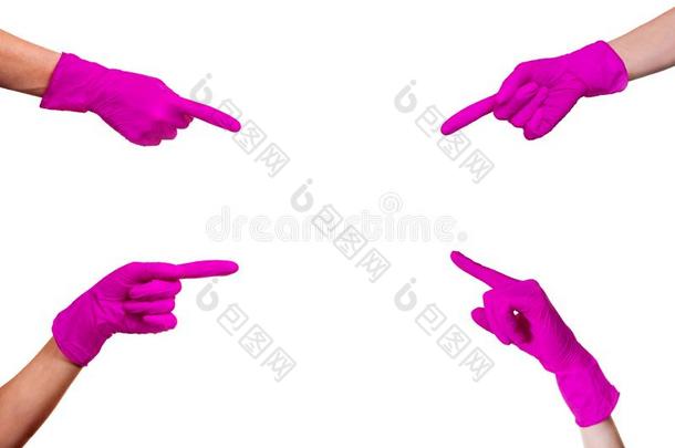 手粉红色的医学的手套隔离的白色的背景符号手势英文字母表的第19个字母