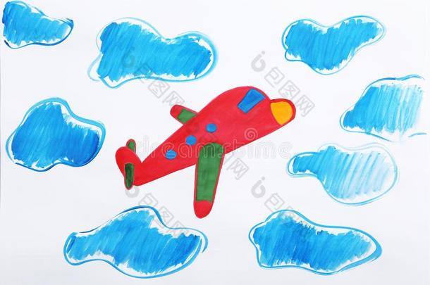 富有色彩的孩子们绘画关于红色的飞机
