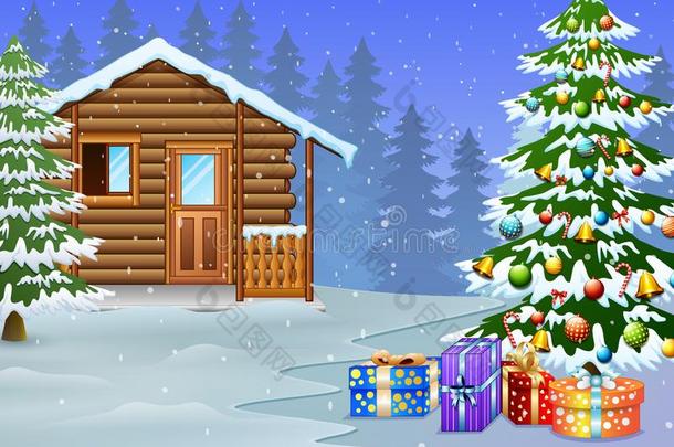 看法关于下雪的木制的房屋和圣诞节树装饰和Thailand泰国