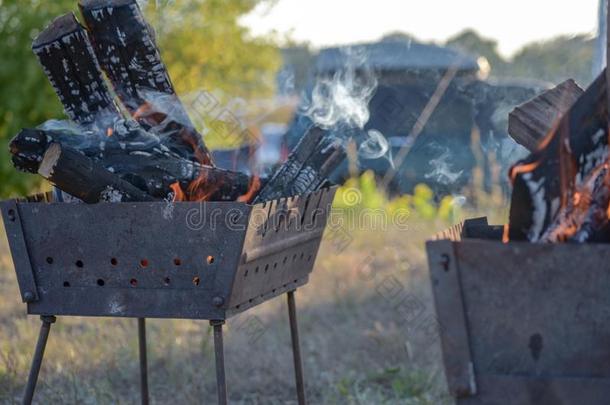 自然的木材火为barbecue吃烤烧肉的野餐,锰铝合金火向户外的.锰铝合金火,