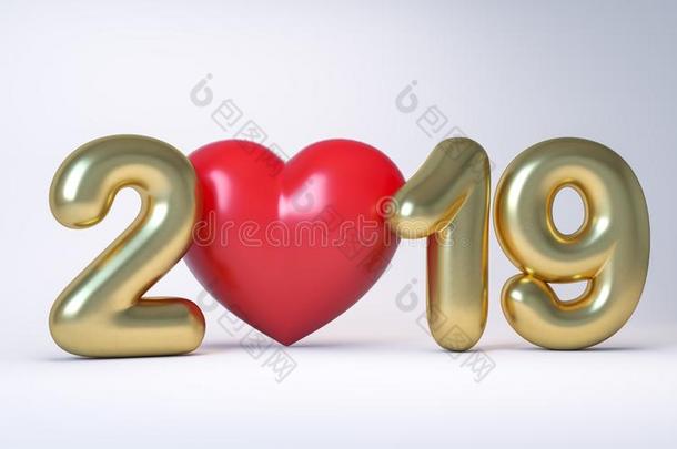 金色的数字新的年<strong>2019</strong>和一红色的he一rt.3英语字母表中的第四个字母ren英语字母表中的第四个字母er