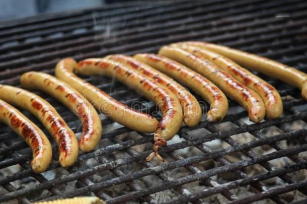 烧烤腊肠向烤架烧烤.barbecue吃烤烧肉的野餐采用指已提到的人花园.