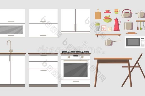 舒适的厨房<strong>内部构造</strong>器夹子艺术放置和家具一