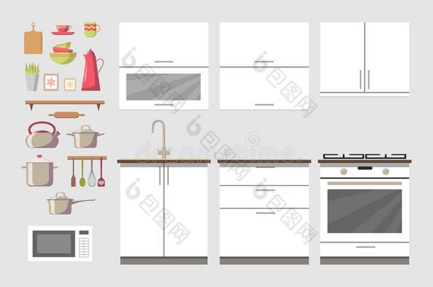 舒适的厨房<strong>内部构造</strong>器和家具和电子学