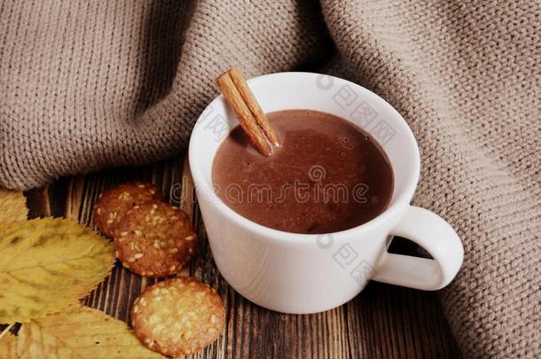 热的巧克力和樟属植物粘贴采用杯子树叶甜饼干愈合