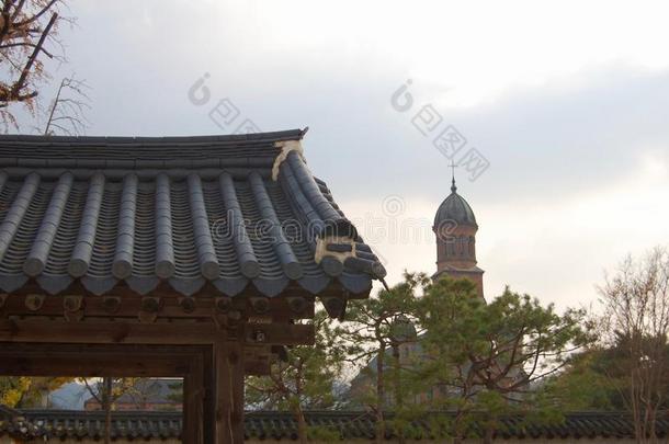 传统的朝鲜人建筑物和树和一c一tholicchrist一n