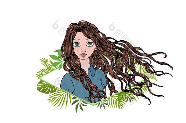 长的-有毛发的女孩采用绿色的花的框架.富有色彩的平的矢量ILU