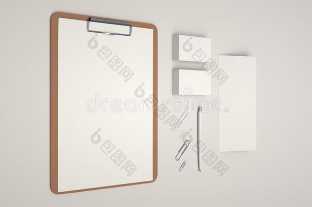 有纸夹的笔记板,商业卡,传单,纸剪和笔