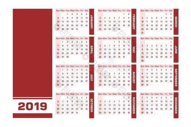 红色的2019英语日历
