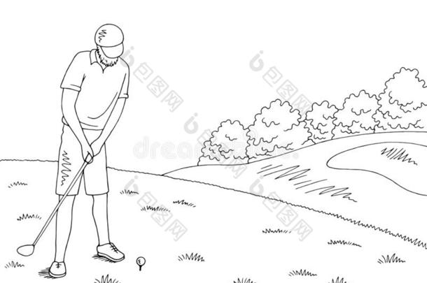 老的男人演奏高尔夫球图解的黑的白色的风景草图图解