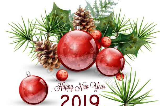 幸福的新的年2019水彩卡片矢量.红色的圣诞节杂乱