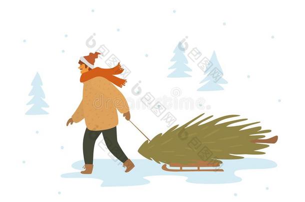 男人拉雪橇和圣诞节松树树