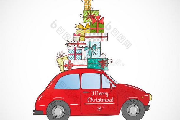 圣诞节卡片和酿酒的红色的汽车汽车rying赠品盒向白色的