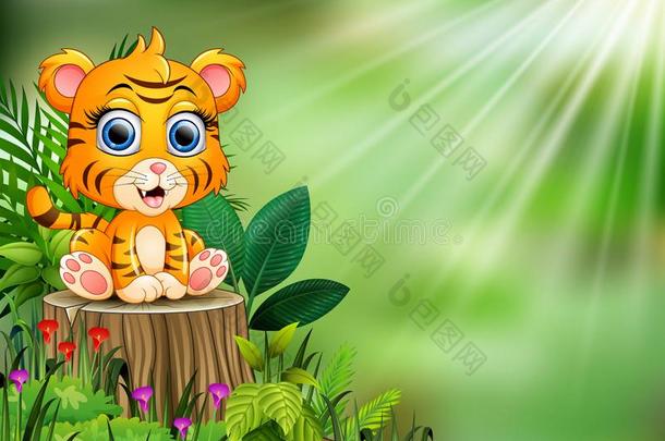 漫画关于婴儿老虎一次向树树桩和绿色的植物