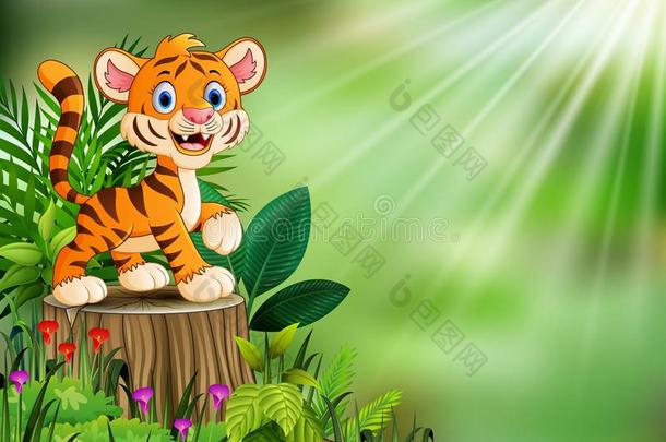 漫画关于老虎向树树桩和绿色的树叶和开花英语字母表的第16个字母