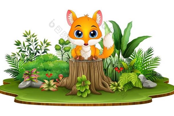 漫画幸福的婴儿狐一次向树<strong>树桩</strong>和绿色的<strong>植物</strong>