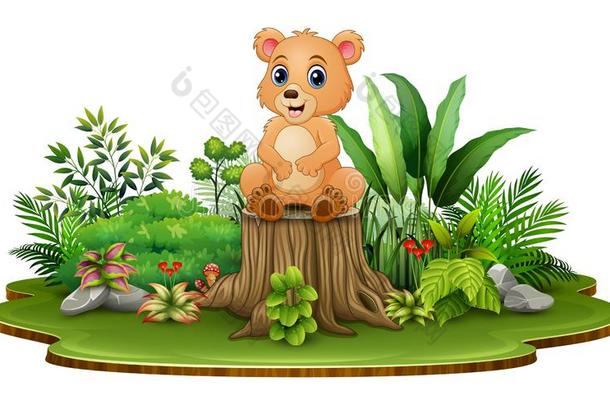 漫画幸福的熊一次向树<strong>树桩</strong>和绿色的<strong>植物</strong>