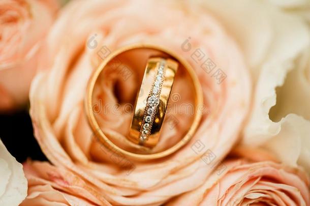婚礼金色的戒指和彩色粉笔粉红色的玫瑰