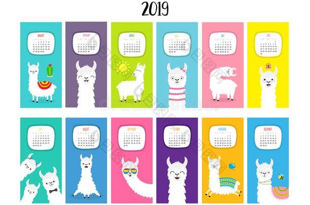 美洲驼羊驼日历2019.垂直的每月的.漂亮的有趣的漫画