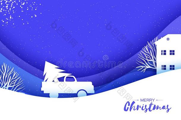 折纸手工纸将切开汽车和圣诞节树向蓝色.愉快的克里斯