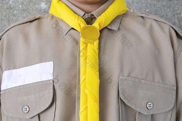 男孩搜索,制服,黄色的围巾,棕色的衬衫,戏装穿旧的在旁边英文字母表的第19个字母